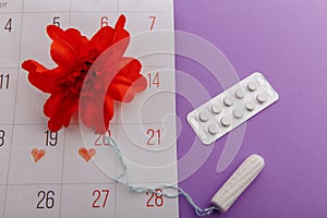 Female's menstrual cycle and hygiene concept. Menstrual calendar with tampon, pills and red flower