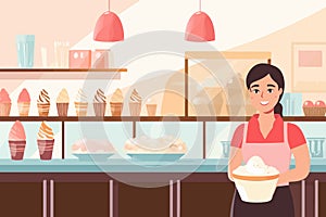 A female saleswoman with a smile standing by the counter of an ice cream shop, selling gelato in a cafe. Vector image