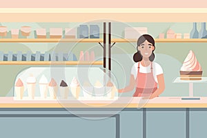 A female saleswoman with a smile standing by the counter of an ice cream shop, selling gelato in a cafe. Vector image