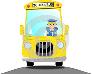 Female school bus driver in a yellow school bus