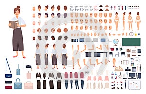 Female school teacher creation kit or DIY set. Bundle of woman`s body elements, postures, gestures, clothes isolated on