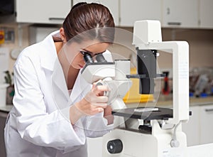 Female science student looking in a microscope