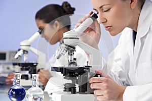 Female Scientific Research Team Using Microscopes