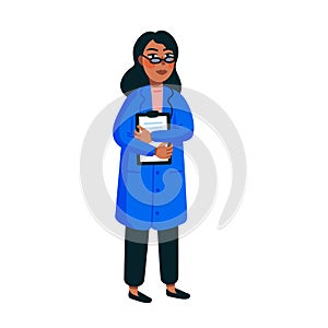 Female Scientist. Afro american woman in a blue medical gown on white background. Genome sequencing conceptof. Flat