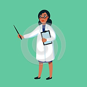 Female Scientist. Afro american woman in white medical gown holding pointer on green background. Genome sequencing