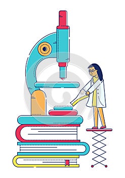 Female scientist analyzing with a huge microscope on books. Woman in lab coat conducting research vector illustration