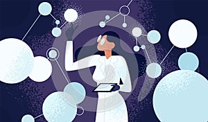 Female scientist in lab coat checking artificial neurons connected into neural network. Computational neuroscience