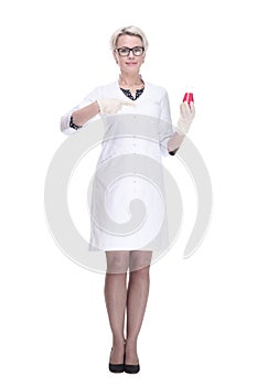 female scientist with a laboratory flask looking forward .