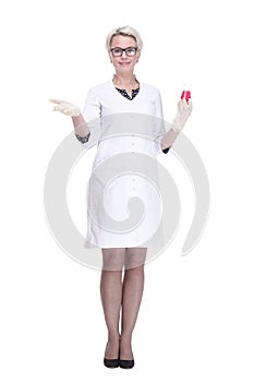 female scientist with a laboratory flask looking forward .