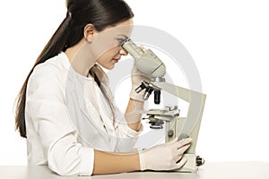 Female scientist looking through a microscope