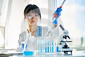 Female scientist making microbiology research using pipette, flask and test tubes working in modern chemical lab
