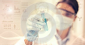 Female scientist with mask and laboratory glasses analyzes a test tube on digital background with dna and holographic images