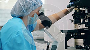 Female scientist, medical lab worker is looking into oculars on a microscope