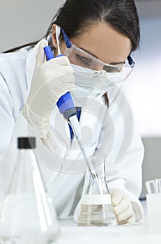 Female Scientist Pipette & Flask In Laboratory