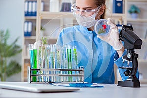 Female scientist researcher conducting an experiment in a labora