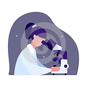 Female scientist sitting at a table and looking through a microscope.