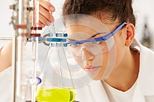 Female Scientist Studying Liquid In Flask