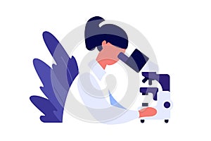 Female scientist studying something with a microscope.