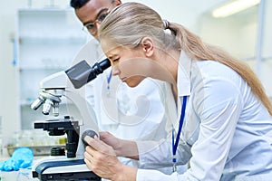 Female Scientist Using Microscope