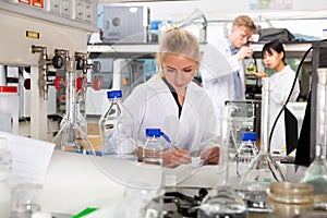 Female scientist working in biochemical laboratory