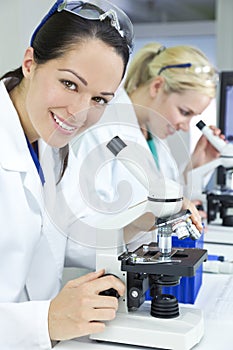Female Scientists Using Microscopes in Laboratory