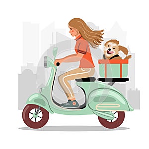 Female scooter driver with a dog in a basket on the city background. Woman driver character riding moped. Vector illustration in