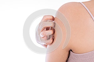 Female scratching her arm isolated white background. Medical, healthcare for advertising concept photo