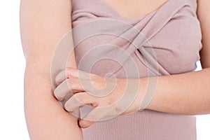 Female scratching her arm isolated white background. Medical, healthcare for advertising concept photo