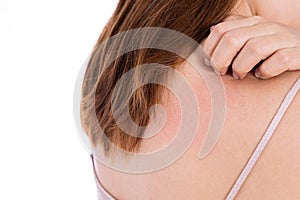 Female scratching her back isolated white background. Medical, healthcare for advertising concept photo