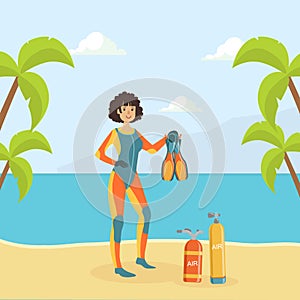 Female Scuba Diver in Diving Suit and Flippers Standing on Tropical Beach, Water Active Sport, Summer Vacation Vector