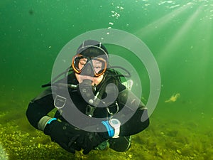 A female scuba diver lit up by rays of sunlight penetrating the water. Picture from The Sound, Sweden