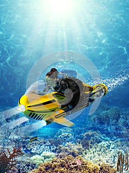 Female scuba diver on a underwater scooter