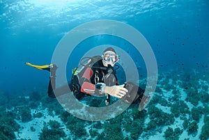 Female scuba diver and underwater video equipment.