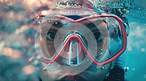 Female scuba diver underwater. Woman in scuba diving mask in water