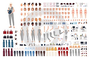 Female secretary animation set or DIY kit. Bundle of woman`s body parts, gestures, poses, formal clothes isolated on