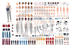 Female secretary animation set or DIY kit. Bundle of woman`s body parts, gestures, poses, formal clothes isolated on photo