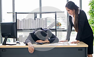 Female secretary awakens the boss to sleep on the work desk photo