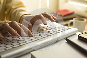 Female secretary inputting data to the office computer. Working.
