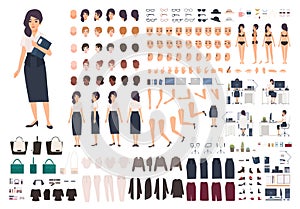 Female secretary or office assistant animation kit. Bundle of woman`s body parts, gestures, postures, clothes isolated