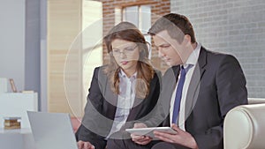 Female secretary showing report to boss, business meeting slowmo