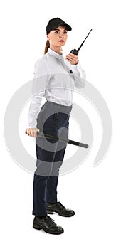 Female security guard with portable radio transmitter on white background