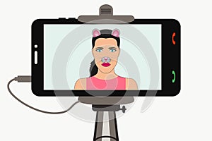 Female Selfie photo on smartphone in monopod with animal face elements - ears and nos, mouse mask. Vector. photo