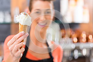 Female seller in Parlor with ice cream cone