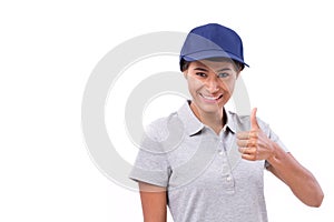 Female service staff showing thumb up hand gesture