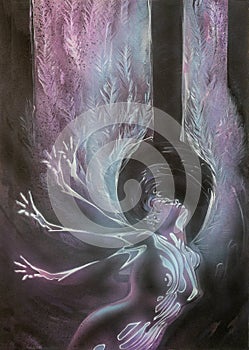 Female sexy, angel, with big feathered wings and striped light, flies into freedom and love