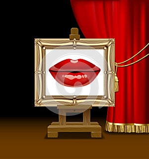 Female sexy red lips in a gold frame on a easel against a red curtain