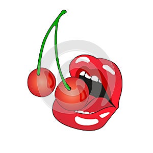 Female sexy red lips with a juicy cherry. Vector Illustration