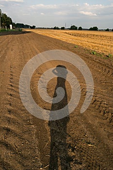 Female shadow from the setting sun on a background of dry grass on a field with hay after harvest