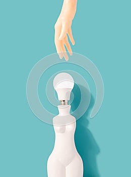 Female shaped vase with light bulb instead of a head with hand reaching.