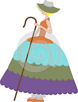 Female sheep herder in large dress holding cane